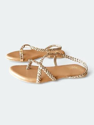 Womens Tan and Gold Gladiator Slingback Flat Sandals