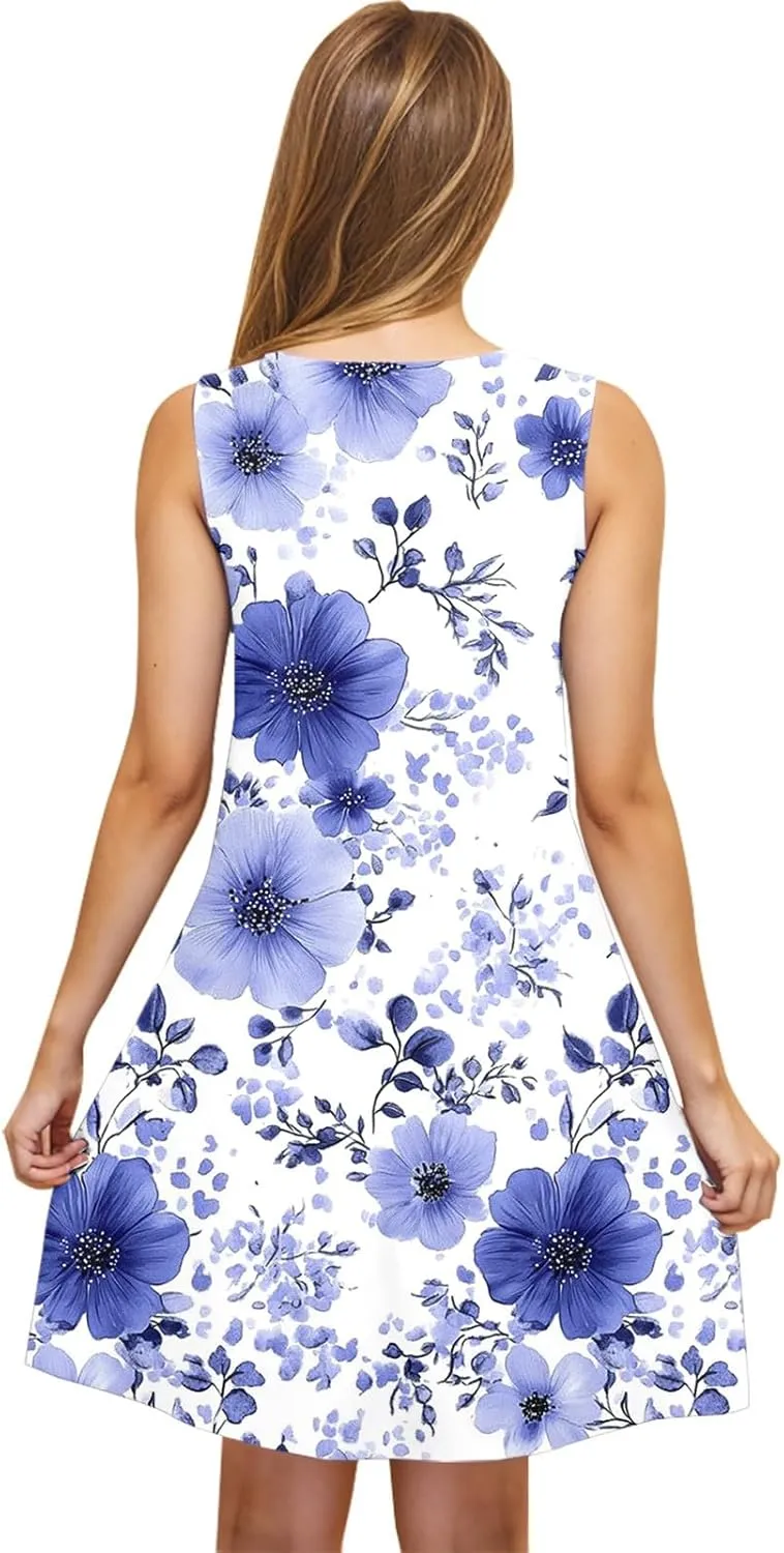 Womens Tank Dresses Sleeveless Sundress Floral Graphic Mini Dress Vacation Outfit Beach Coverup Fashion Clothes