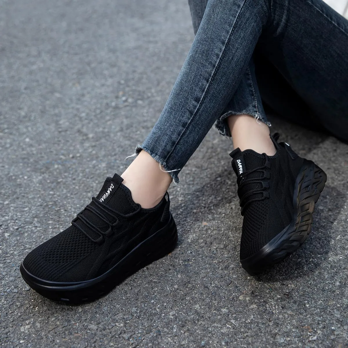Women's Thick Soled Walking Shoes Slip On Height Increasing Sneakers Wide Comfortable Lightweight Breathable Work Outside