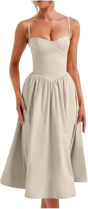 Women's Vintage Corset Dress Spaghetti Strap Pleated A-Line Midi Dresses Elegant Cocktail Party Evening Ball Gown