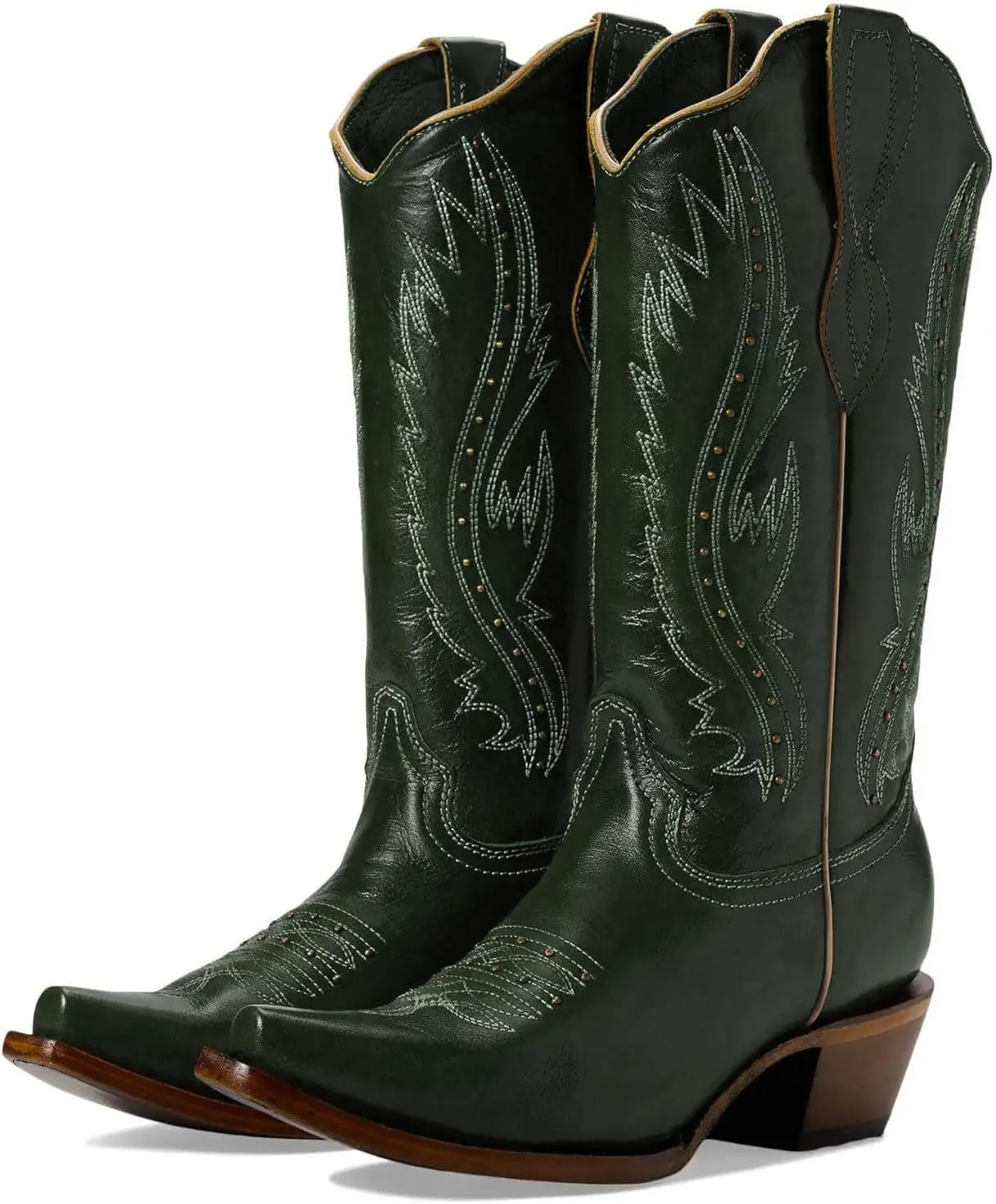 Women's Vintage Embroidered Rivet Block Heel Cowgirl Mid Calf Western Boots Fashion Studded Square Toe Pull On Chunky Heel Cowboy Knee High Boots for Women