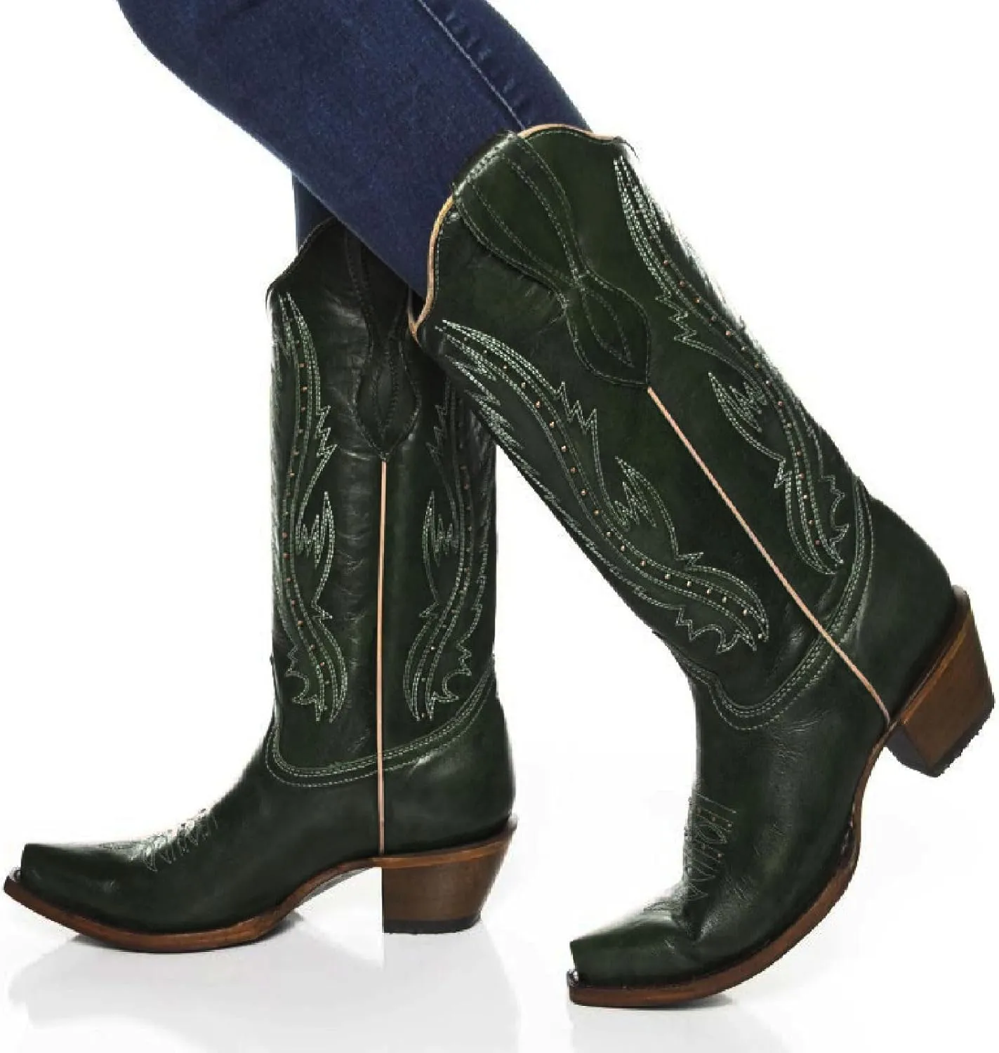 Women's Vintage Embroidered Rivet Block Heel Cowgirl Mid Calf Western Boots Fashion Studded Square Toe Pull On Chunky Heel Cowboy Knee High Boots for Women