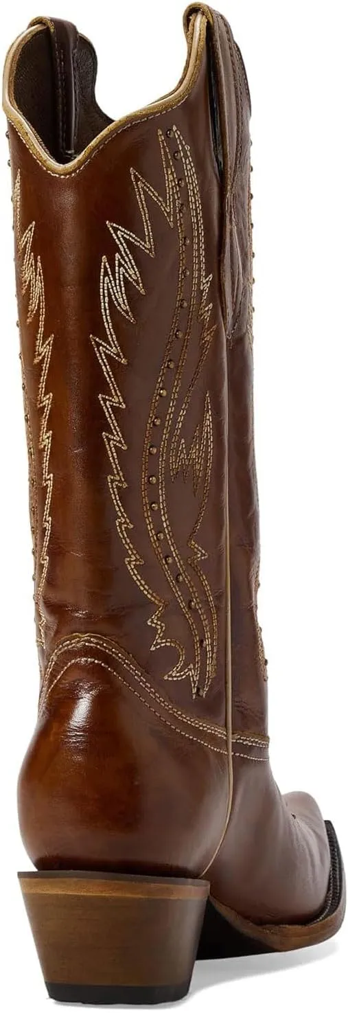 Women's Vintage Embroidered Rivet Block Heel Cowgirl Mid Calf Western Boots Fashion Studded Square Toe Pull On Chunky Heel Cowboy Knee High Boots for Women