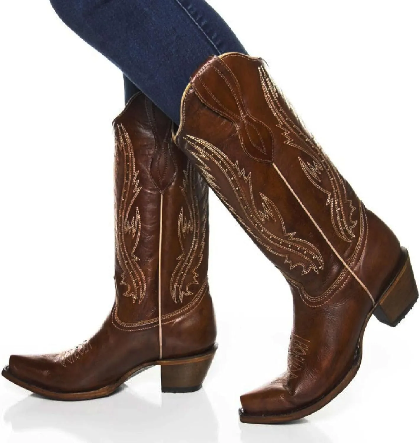Women's Vintage Embroidered Rivet Block Heel Cowgirl Mid Calf Western Boots Fashion Studded Square Toe Pull On Chunky Heel Cowboy Knee High Boots for Women