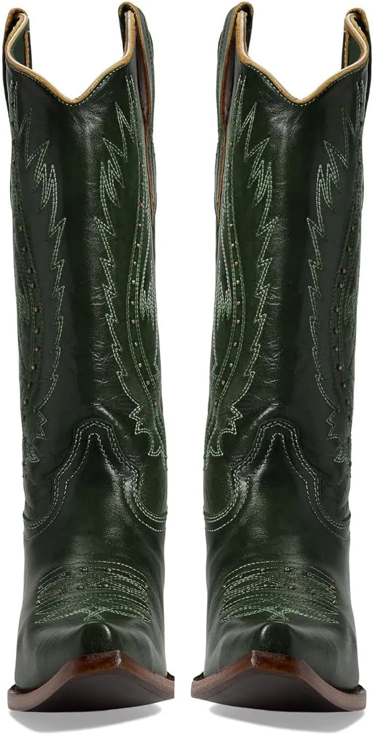 Women's Vintage Embroidered Rivet Block Heel Cowgirl Mid Calf Western Boots Fashion Studded Square Toe Pull On Chunky Heel Cowboy Knee High Boots for Women