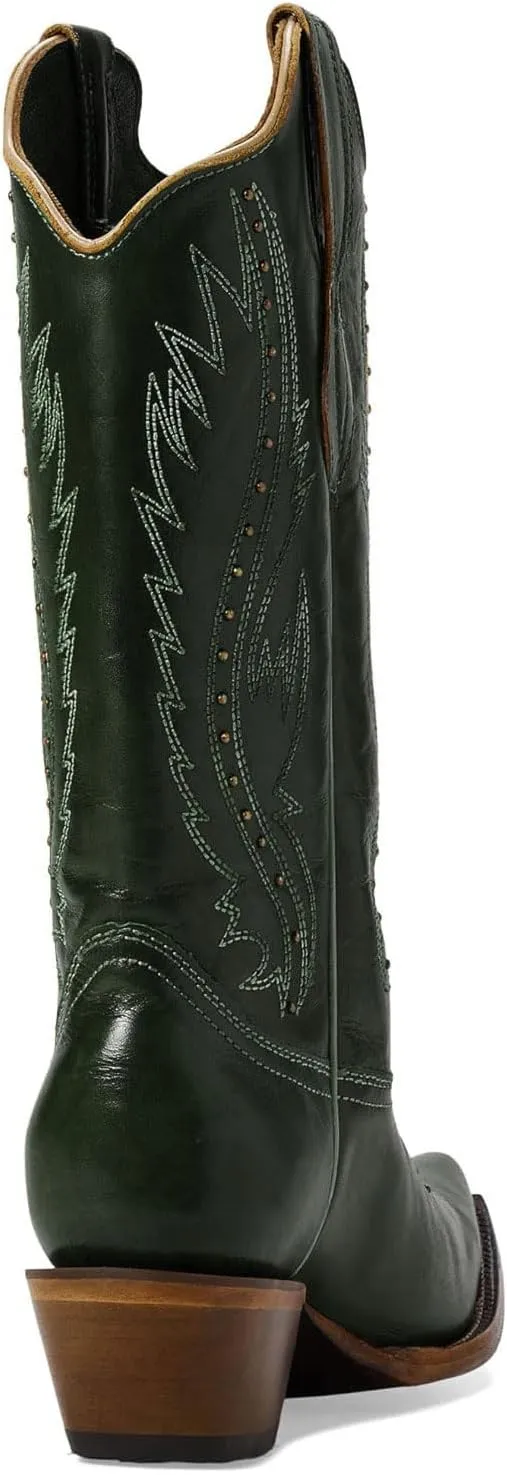 Women's Vintage Embroidered Rivet Block Heel Cowgirl Mid Calf Western Boots Fashion Studded Square Toe Pull On Chunky Heel Cowboy Knee High Boots for Women