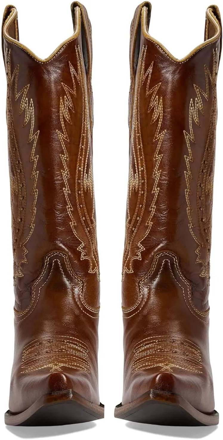 Women's Vintage Embroidered Rivet Block Heel Cowgirl Mid Calf Western Boots Fashion Studded Square Toe Pull On Chunky Heel Cowboy Knee High Boots for Women