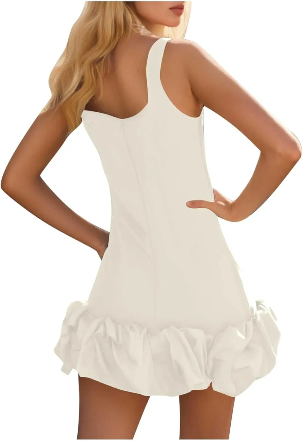 Womens Vintage Sexy Mini Dress Sleeveless Spaghetti Strap Ruched Ruffle Hem Summer Bodycon Dresses Formal Party Gown