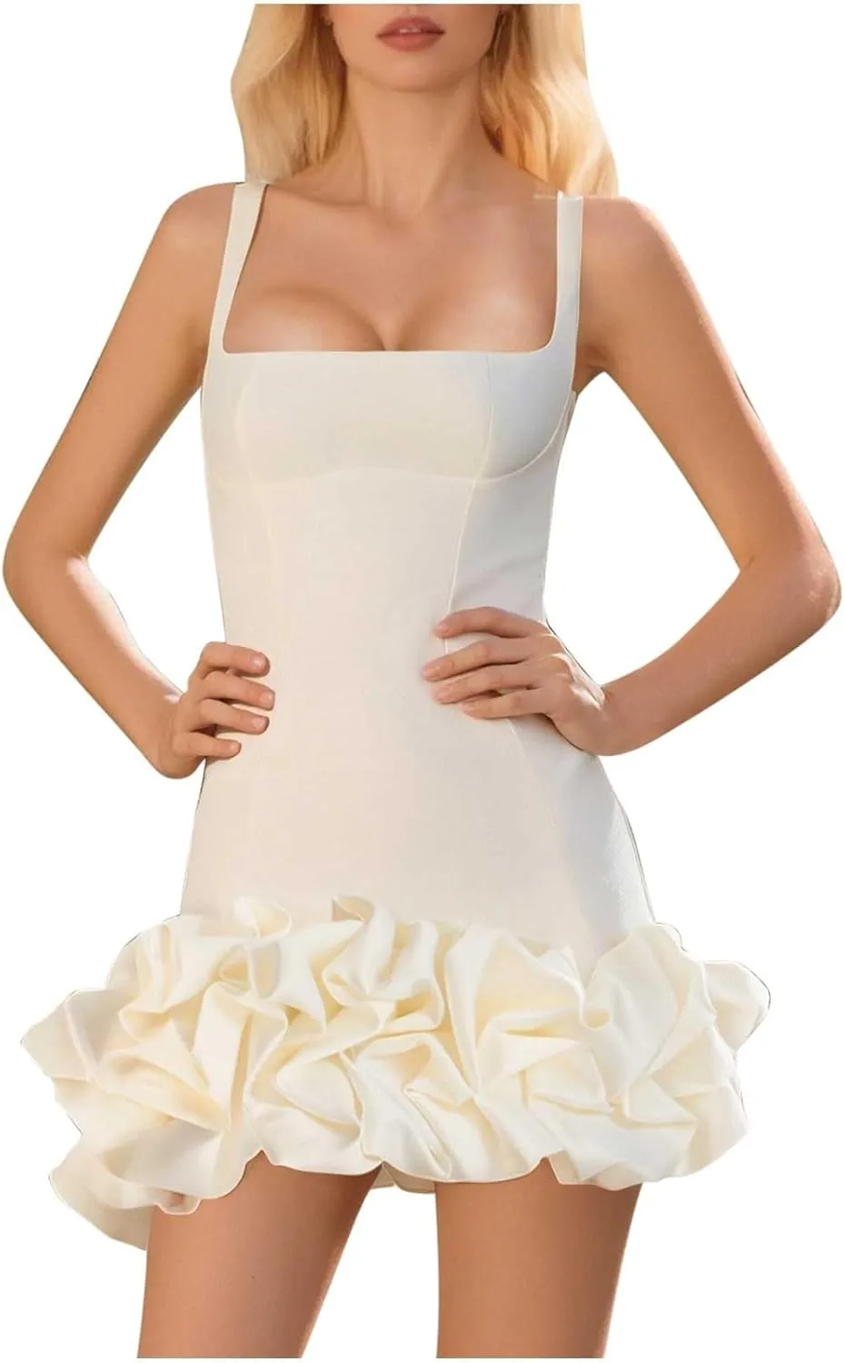 Womens Vintage Sexy Mini Dress Sleeveless Spaghetti Strap Ruched Ruffle Hem Summer Bodycon Dresses Formal Party Gown