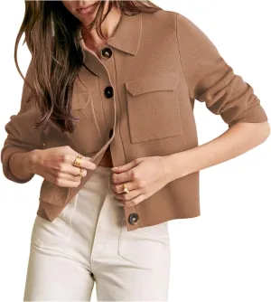 Womens Wool Pea Coat Button Up Open Front Trench Outerwear Long Sleeve Cropped Cardigan Jacket with Pockets