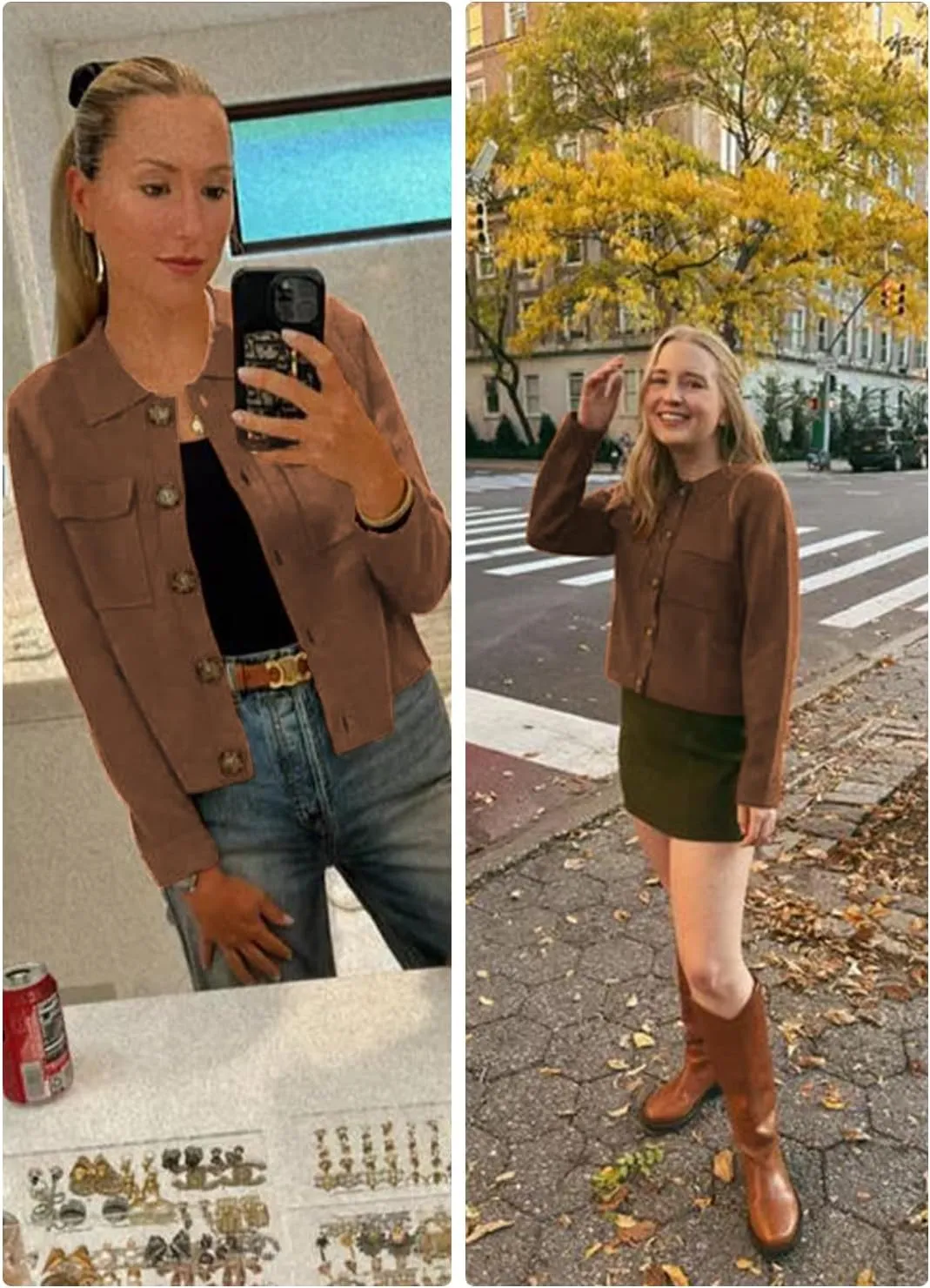 Womens Wool Pea Coat Button Up Open Front Trench Outerwear Long Sleeve Cropped Cardigan Jacket with Pockets