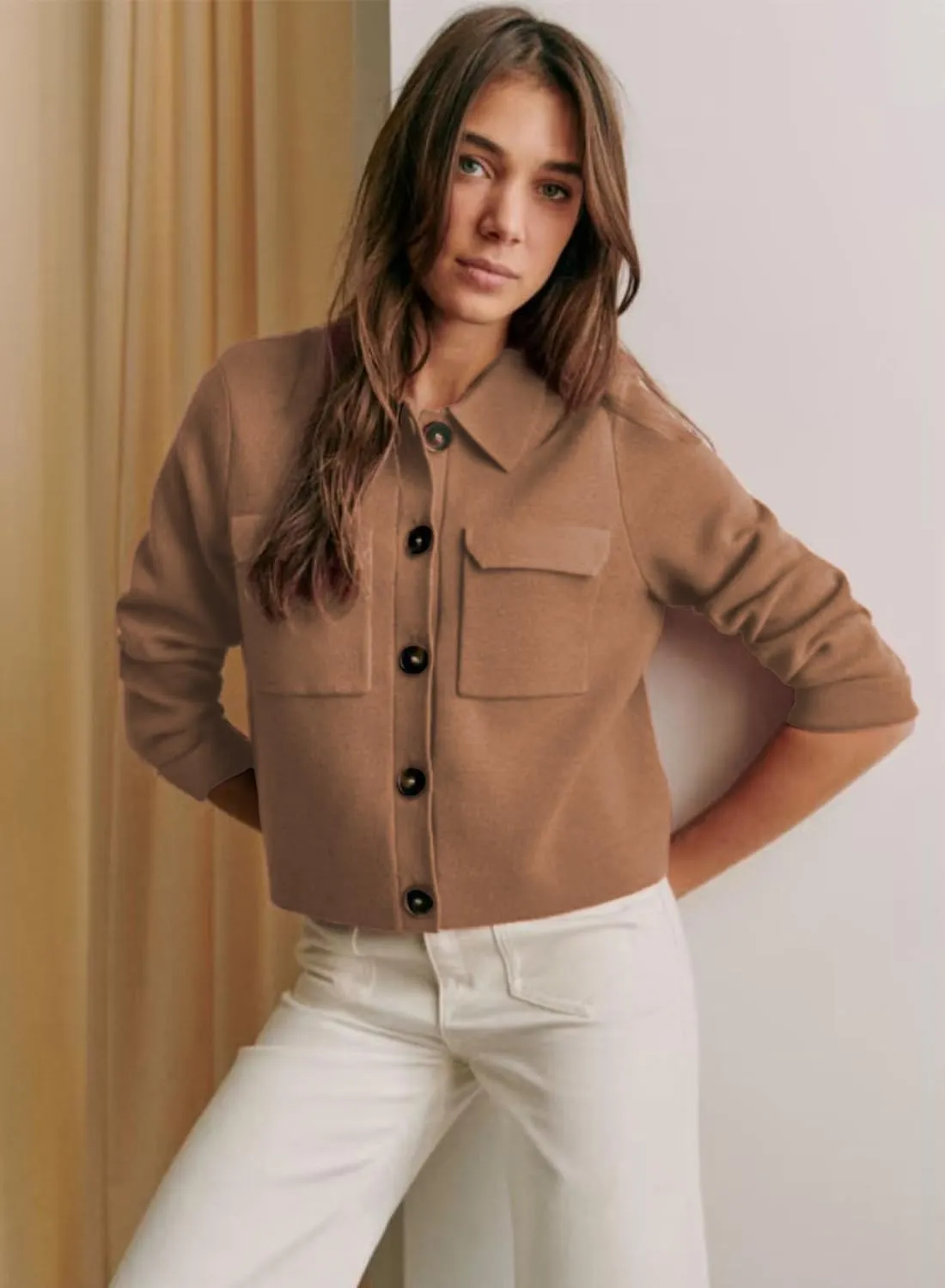 Womens Wool Pea Coat Button Up Open Front Trench Outerwear Long Sleeve Cropped Cardigan Jacket with Pockets