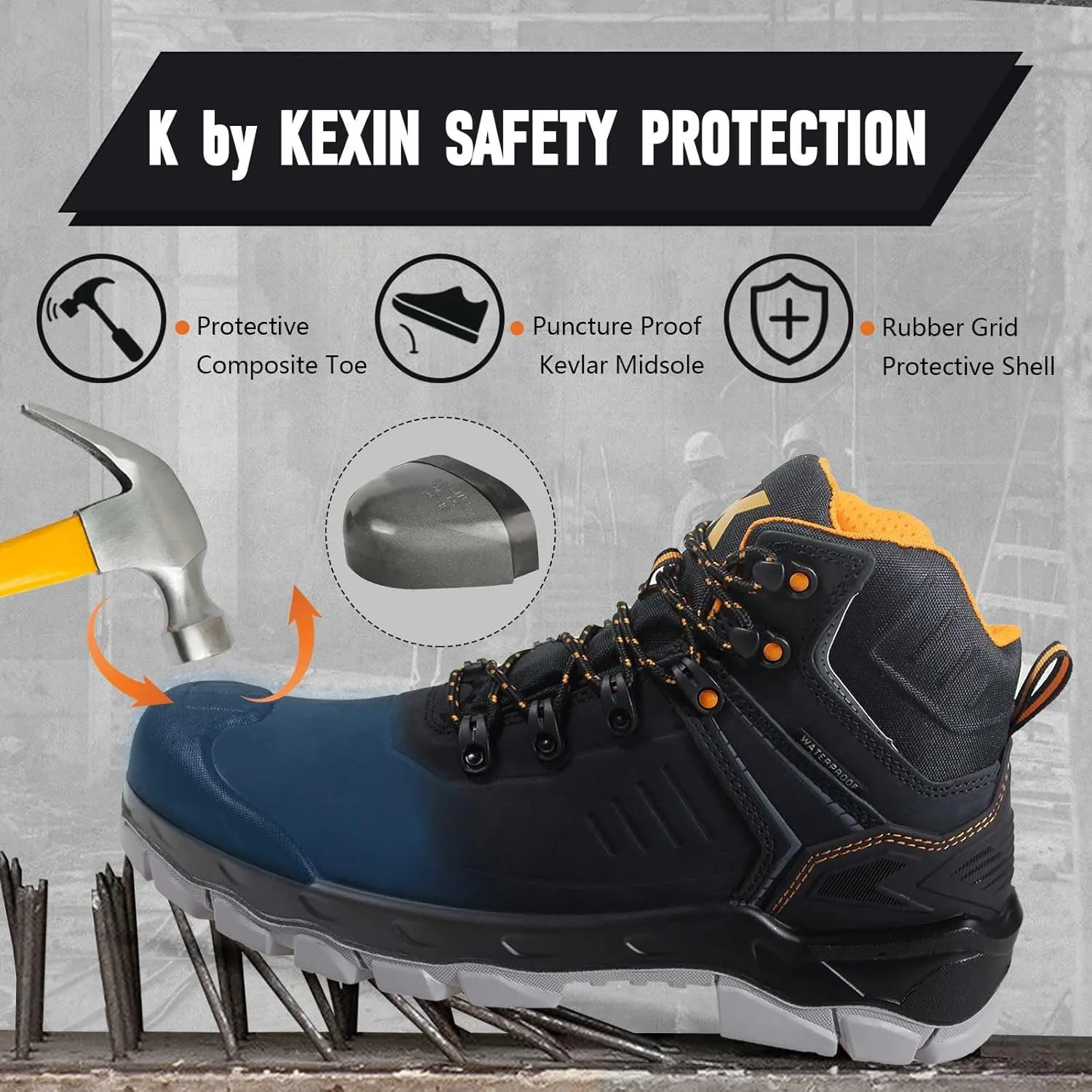 Work Boots for Men, Waterproof Composite Toe Safety Construction Boots, Genuine Leather Comfortable Premium Nubuck, Puncture Proof, Oil Slip Resistant Rubber Outsole, EH, Breathable Lining