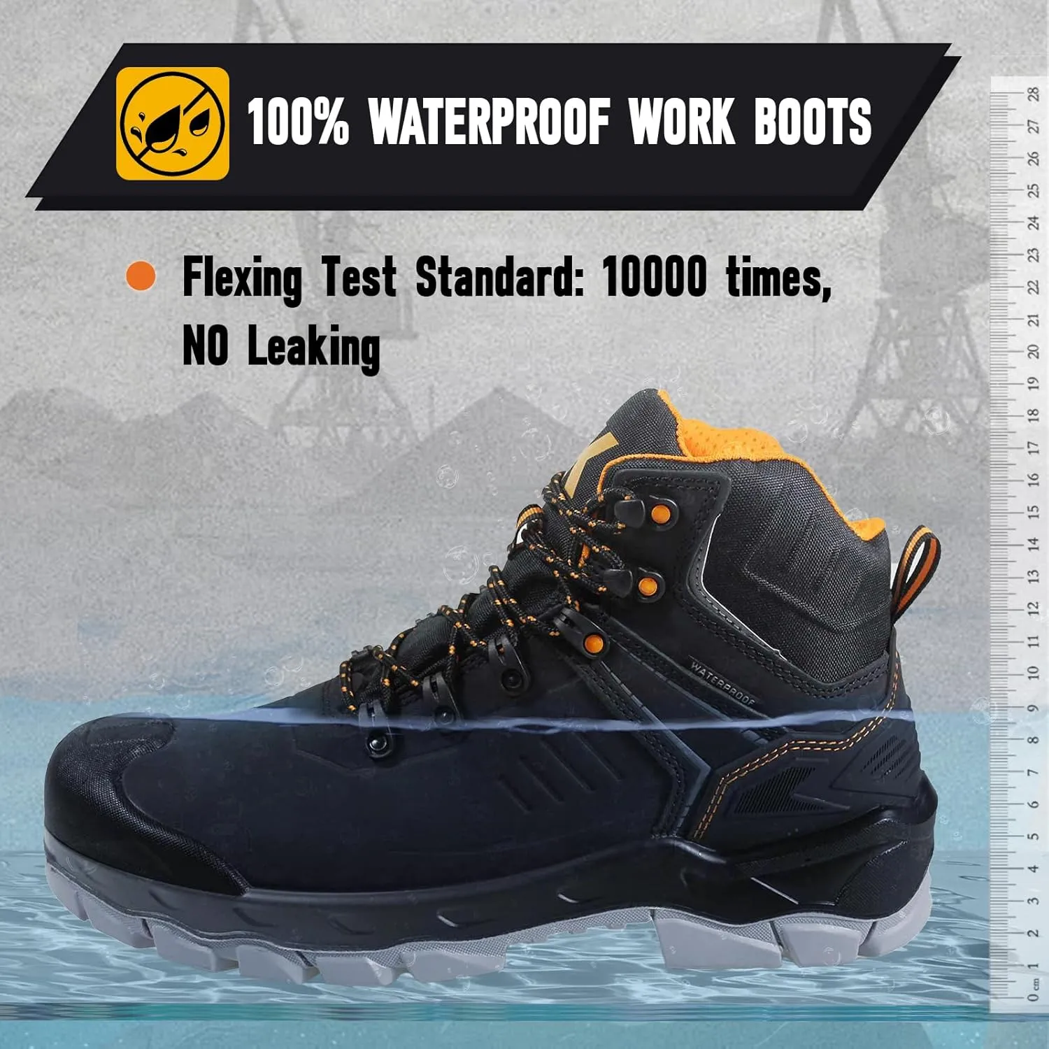 Work Boots for Men, Waterproof Composite Toe Safety Construction Boots, Genuine Leather Comfortable Premium Nubuck, Puncture Proof, Oil Slip Resistant Rubber Outsole, EH, Breathable Lining