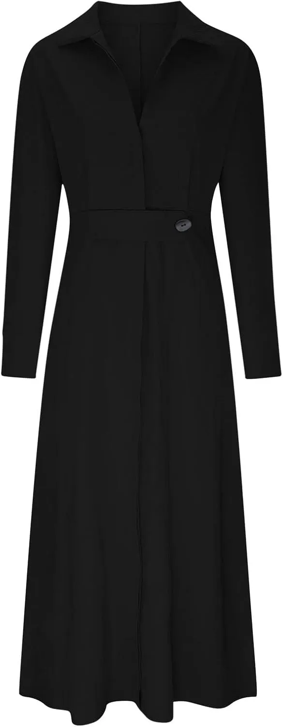 XUNRYAN 2024 Women Long Sleeve Linen Dresses Casual Work Office Dress Button Belt Waist Ankle Length Boho Maxi Dress Outfits