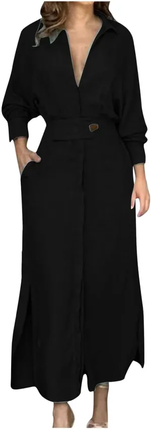 XUNRYAN 2024 Women Long Sleeve Linen Dresses Casual Work Office Dress Button Belt Waist Ankle Length Boho Maxi Dress Outfits
