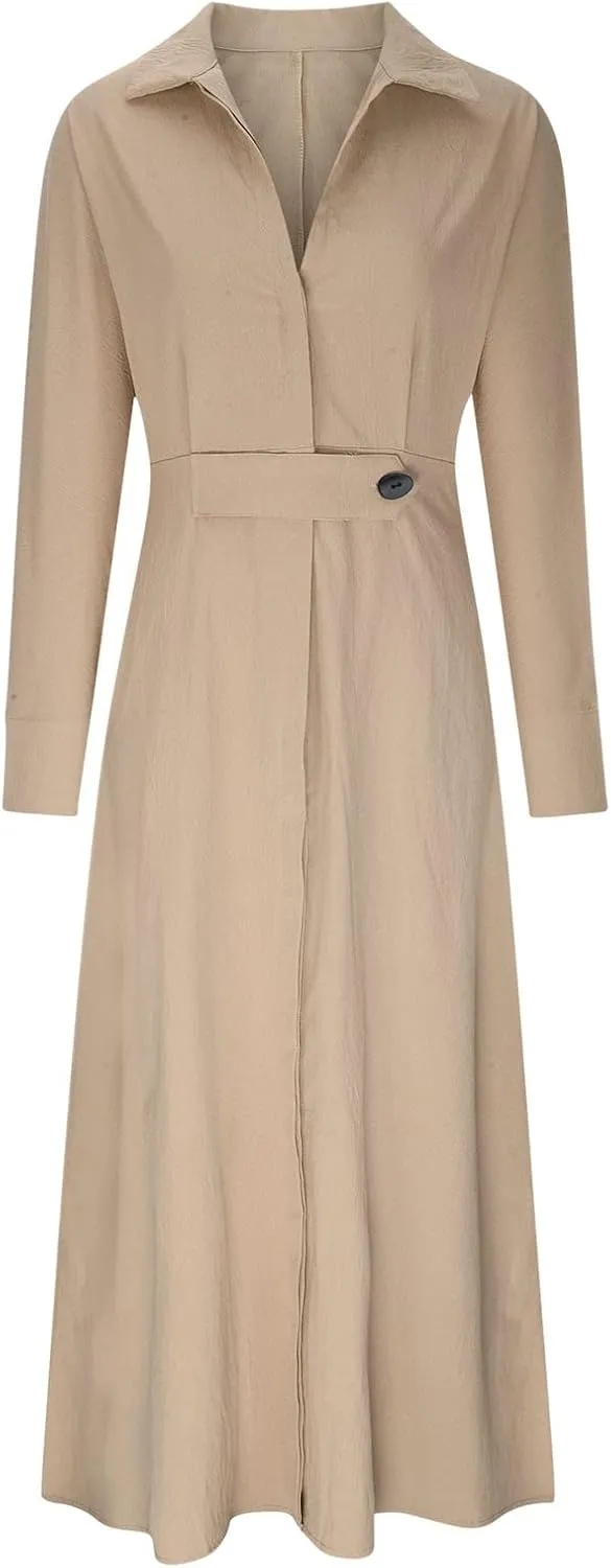 XUNRYAN 2024 Women Long Sleeve Linen Dresses Casual Work Office Dress Button Belt Waist Ankle Length Boho Maxi Dress Outfits