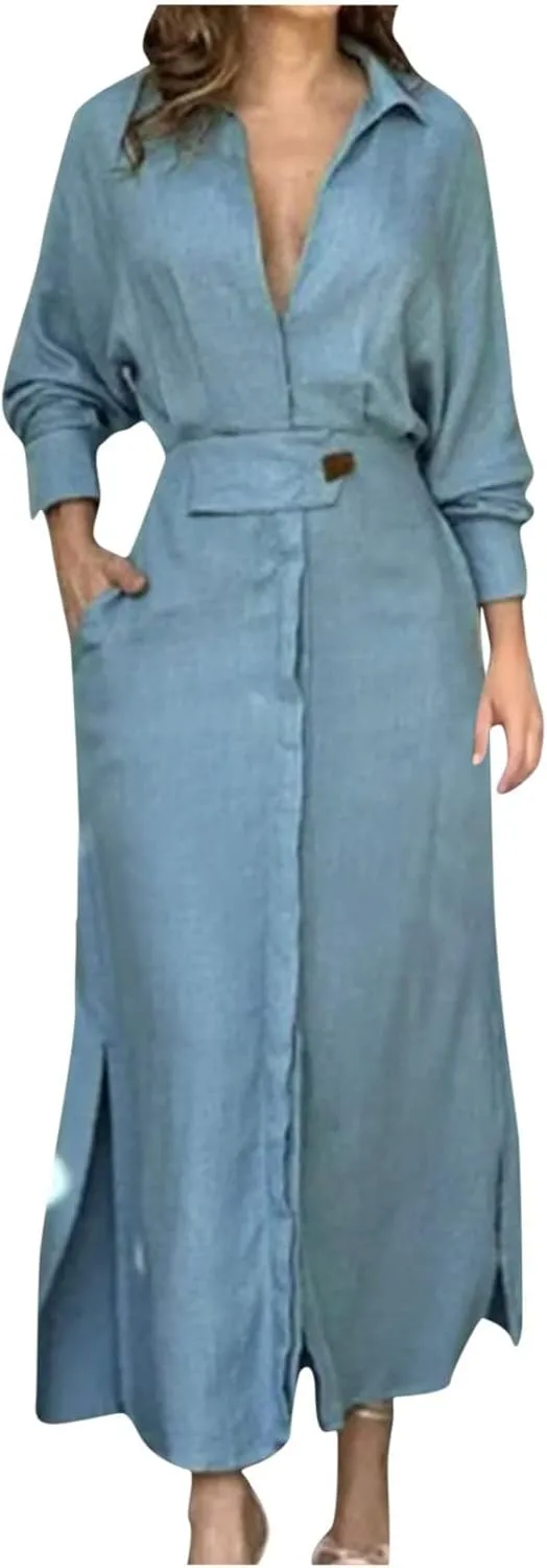 XUNRYAN 2024 Women Long Sleeve Linen Dresses Casual Work Office Dress Button Belt Waist Ankle Length Boho Maxi Dress Outfits