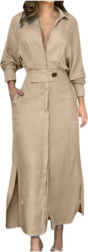 XUNRYAN 2024 Women Long Sleeve Linen Dresses Casual Work Office Dress Button Belt Waist Ankle Length Boho Maxi Dress Outfits