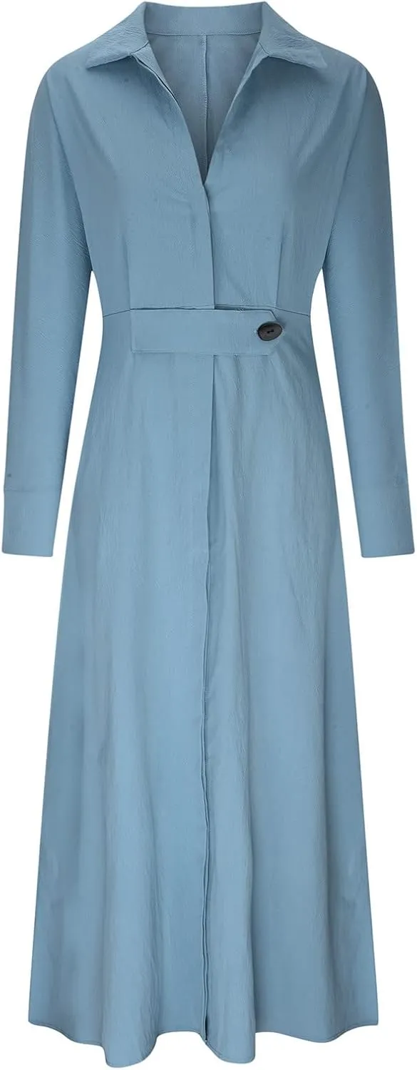 XUNRYAN 2024 Women Long Sleeve Linen Dresses Casual Work Office Dress Button Belt Waist Ankle Length Boho Maxi Dress Outfits