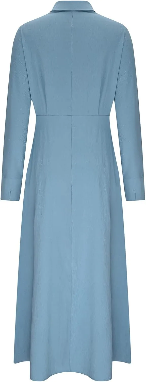 XUNRYAN 2024 Women Long Sleeve Linen Dresses Casual Work Office Dress Button Belt Waist Ankle Length Boho Maxi Dress Outfits