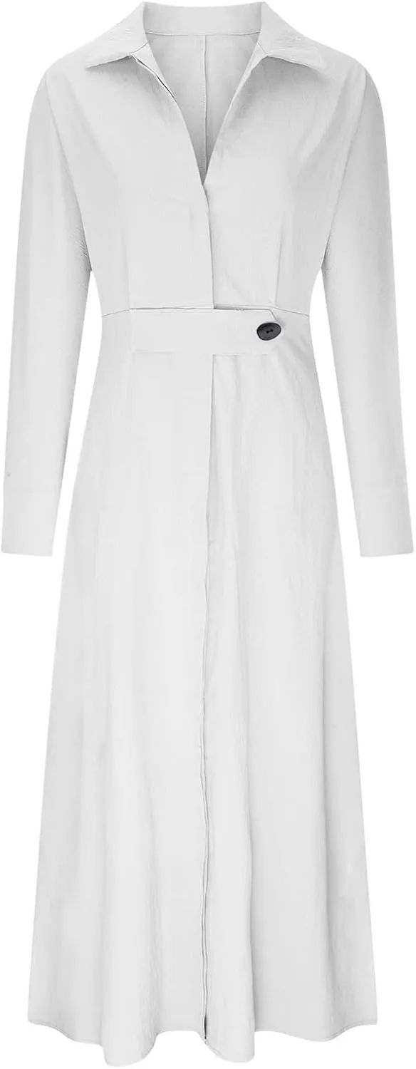 XUNRYAN 2024 Women Long Sleeve Linen Dresses Casual Work Office Dress Button Belt Waist Ankle Length Boho Maxi Dress Outfits