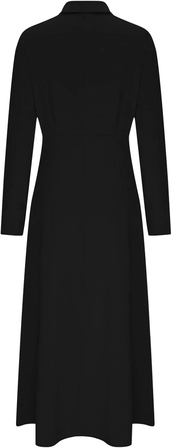 XUNRYAN 2024 Women Long Sleeve Linen Dresses Casual Work Office Dress Button Belt Waist Ankle Length Boho Maxi Dress Outfits