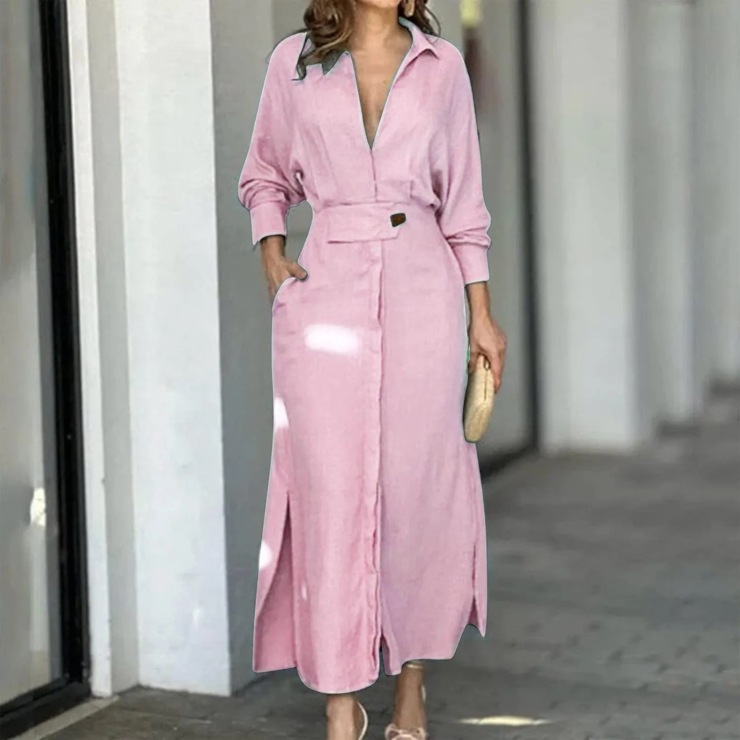 XUNRYAN 2024 Women Long Sleeve Linen Dresses Casual Work Office Dress Button Belt Waist Ankle Length Boho Maxi Dress Outfits