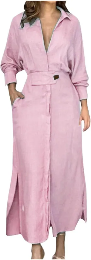 XUNRYAN 2024 Women Long Sleeve Linen Dresses Casual Work Office Dress Button Belt Waist Ankle Length Boho Maxi Dress Outfits
