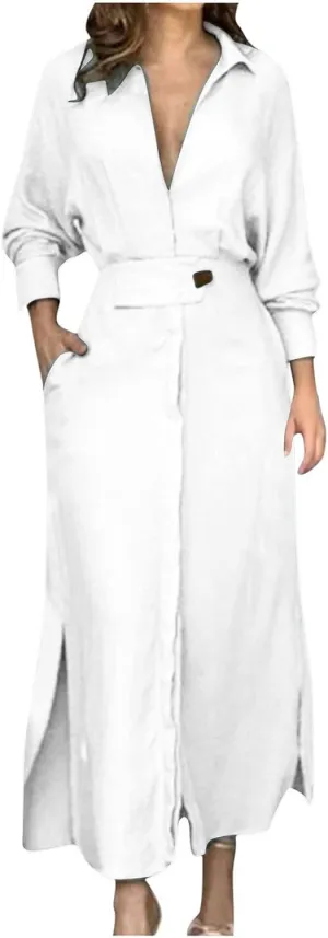 XUNRYAN 2024 Women Long Sleeve Linen Dresses Casual Work Office Dress Button Belt Waist Ankle Length Boho Maxi Dress Outfits
