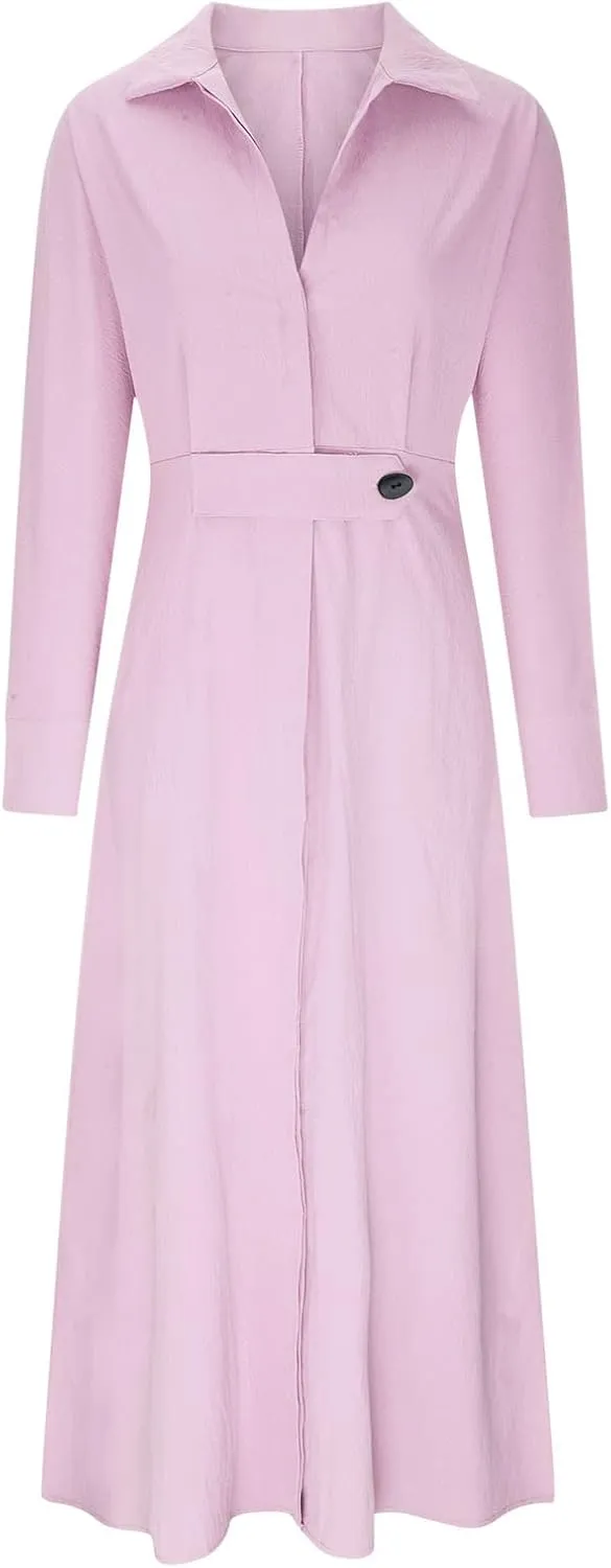 XUNRYAN 2024 Women Long Sleeve Linen Dresses Casual Work Office Dress Button Belt Waist Ankle Length Boho Maxi Dress Outfits