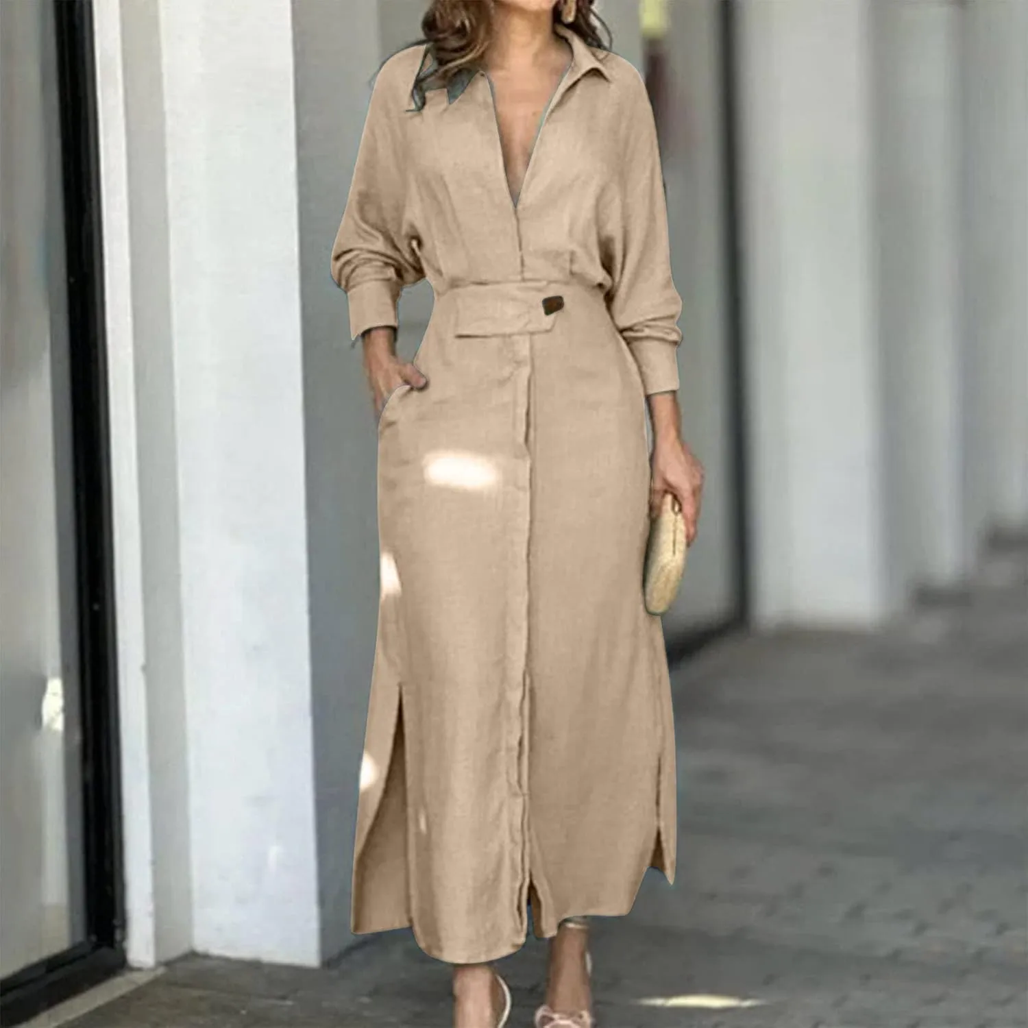 XUNRYAN 2024 Women Long Sleeve Linen Dresses Casual Work Office Dress Button Belt Waist Ankle Length Boho Maxi Dress Outfits