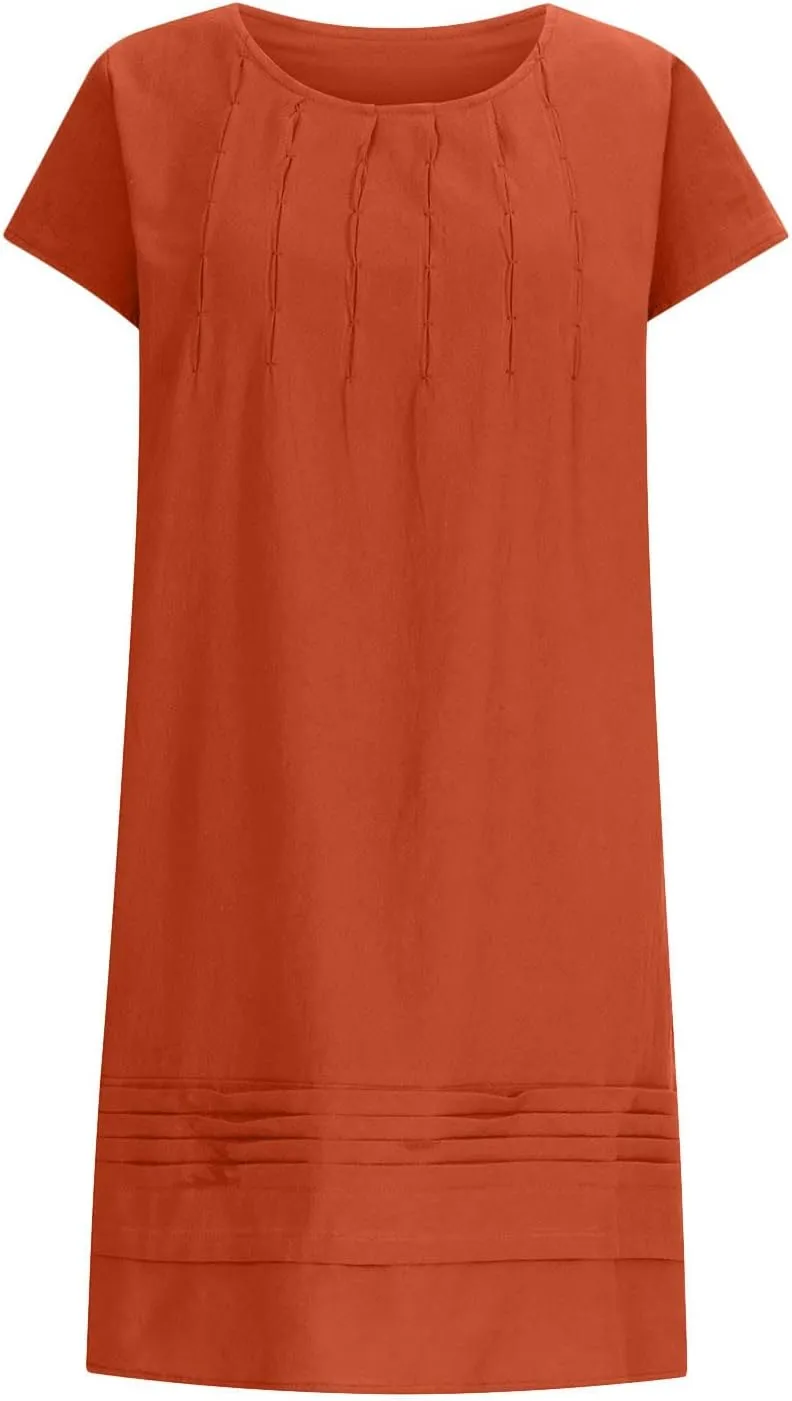 XUNRYAN 2025 Summer Dresses Womens Cotton Linen Shirt Mini Dress Short Sleeve Casual Pleated Beach Sundress Ladies Clothes
