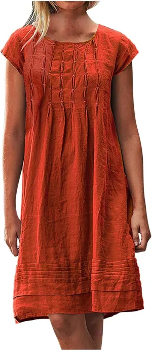 XUNRYAN 2025 Summer Dresses Womens Cotton Linen Shirt Mini Dress Short Sleeve Casual Pleated Beach Sundress Ladies Clothes