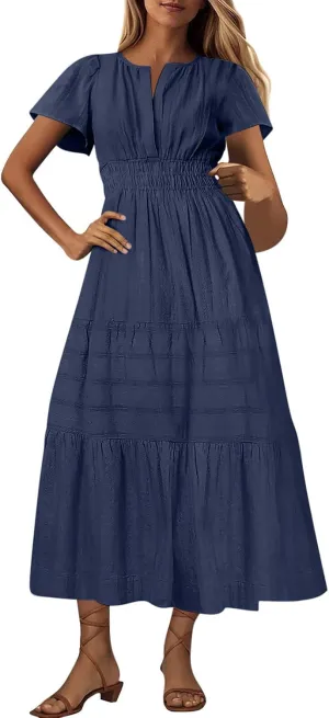 XUNRYAN 2025 Womens Summer Casual Maxi Dresses Lightweight Short Sleeve V-Neck Elastic Waist Boho Dress Beach Sundress