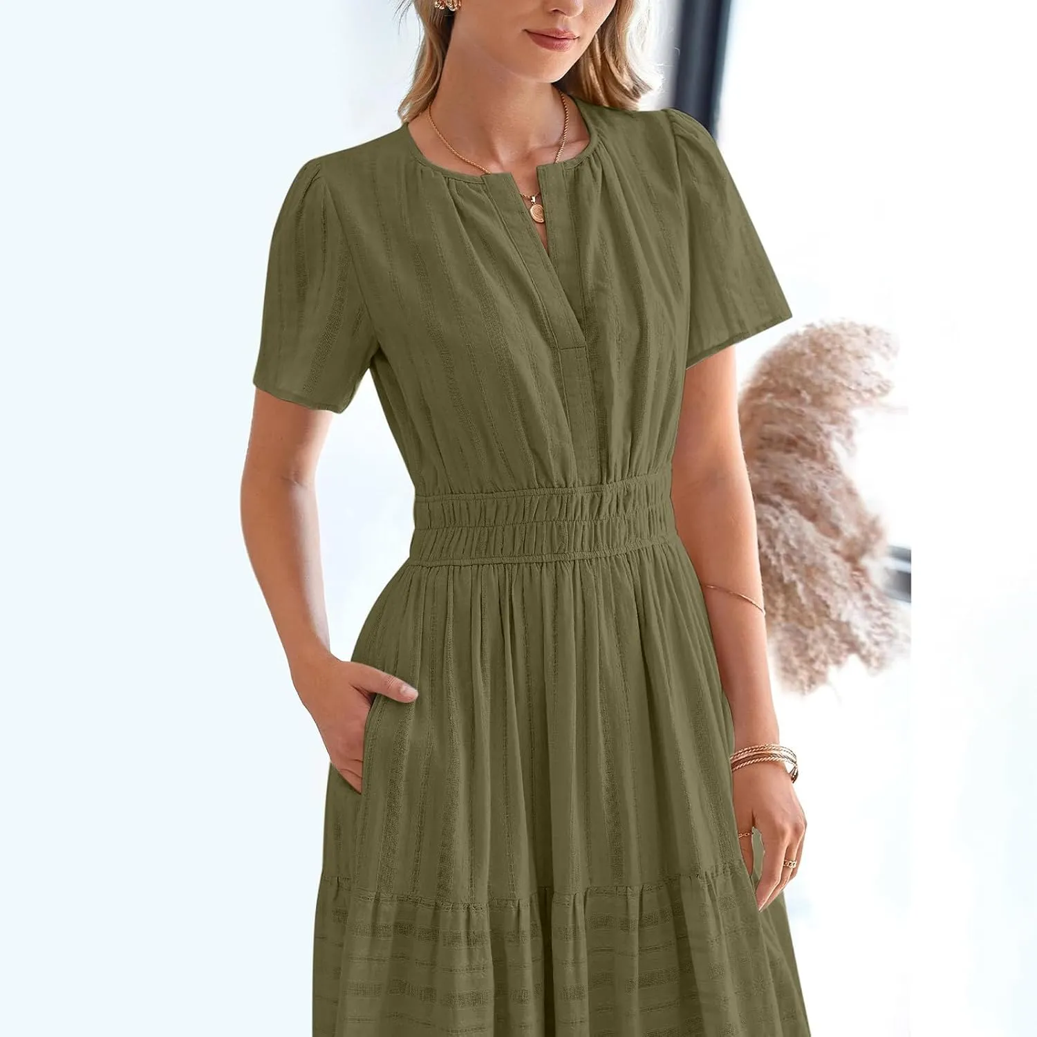 XUNRYAN 2025 Womens Summer Casual Maxi Dresses Lightweight Short Sleeve V-Neck Elastic Waist Boho Dress Beach Sundress