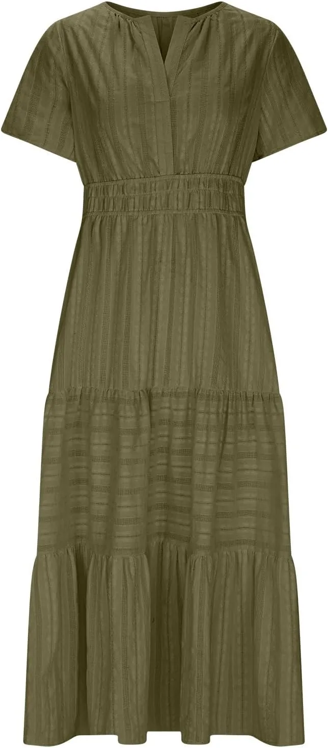 XUNRYAN 2025 Womens Summer Casual Maxi Dresses Lightweight Short Sleeve V-Neck Elastic Waist Boho Dress Beach Sundress