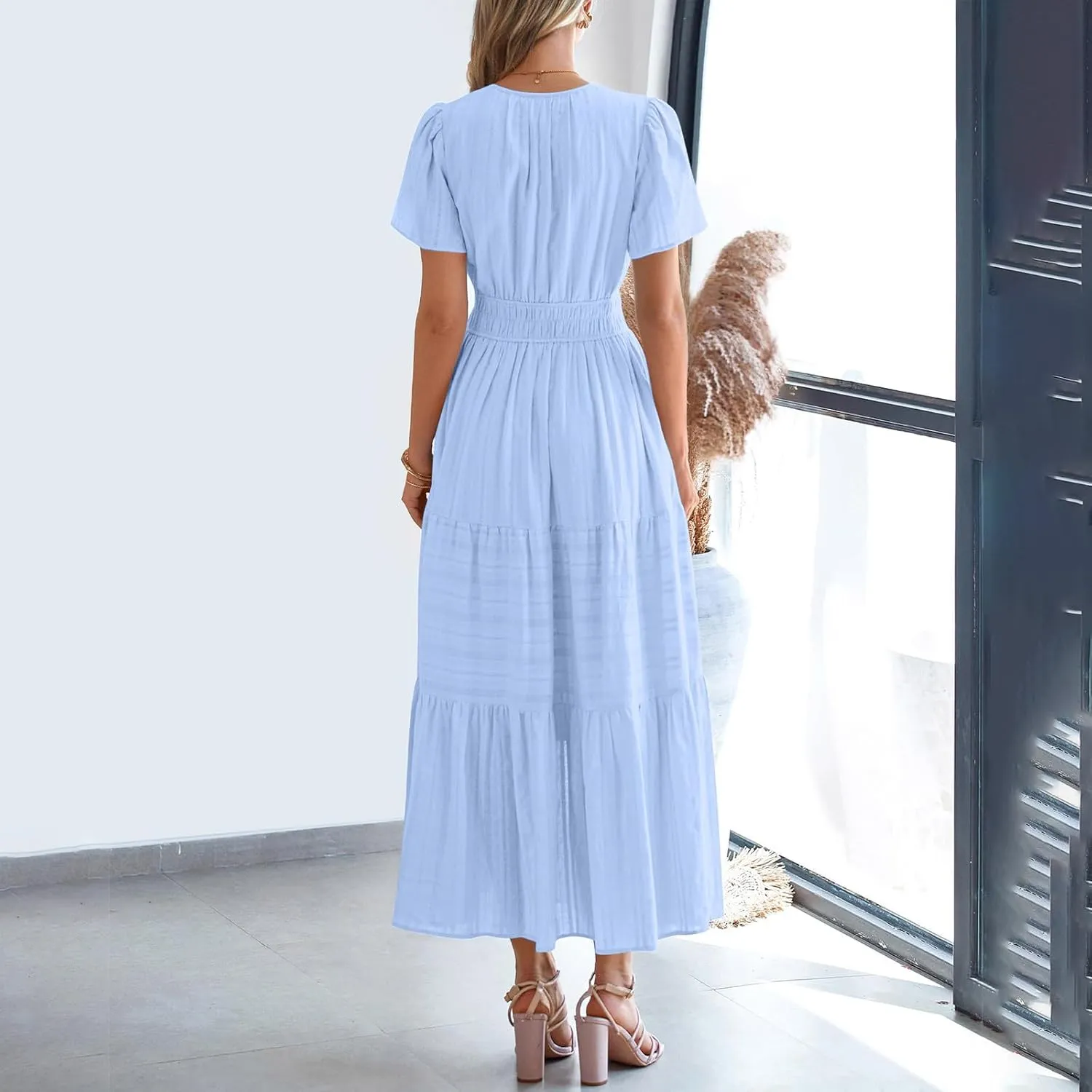 XUNRYAN 2025 Womens Summer Casual Maxi Dresses Lightweight Short Sleeve V-Neck Elastic Waist Boho Dress Beach Sundress
