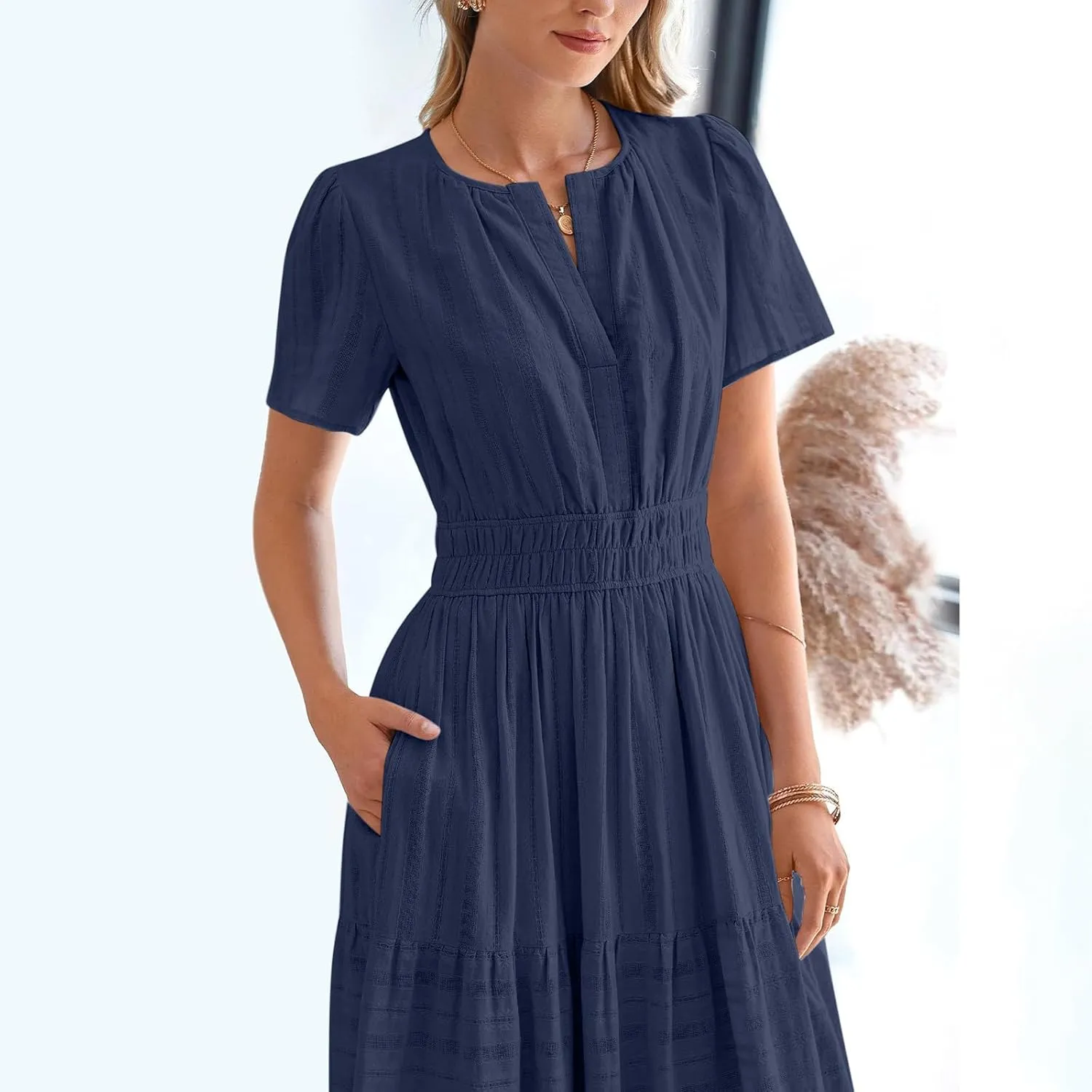 XUNRYAN 2025 Womens Summer Casual Maxi Dresses Lightweight Short Sleeve V-Neck Elastic Waist Boho Dress Beach Sundress