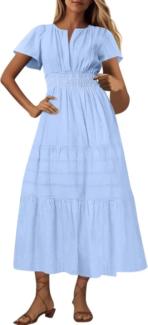 XUNRYAN 2025 Womens Summer Casual Maxi Dresses Lightweight Short Sleeve V-Neck Elastic Waist Boho Dress Beach Sundress