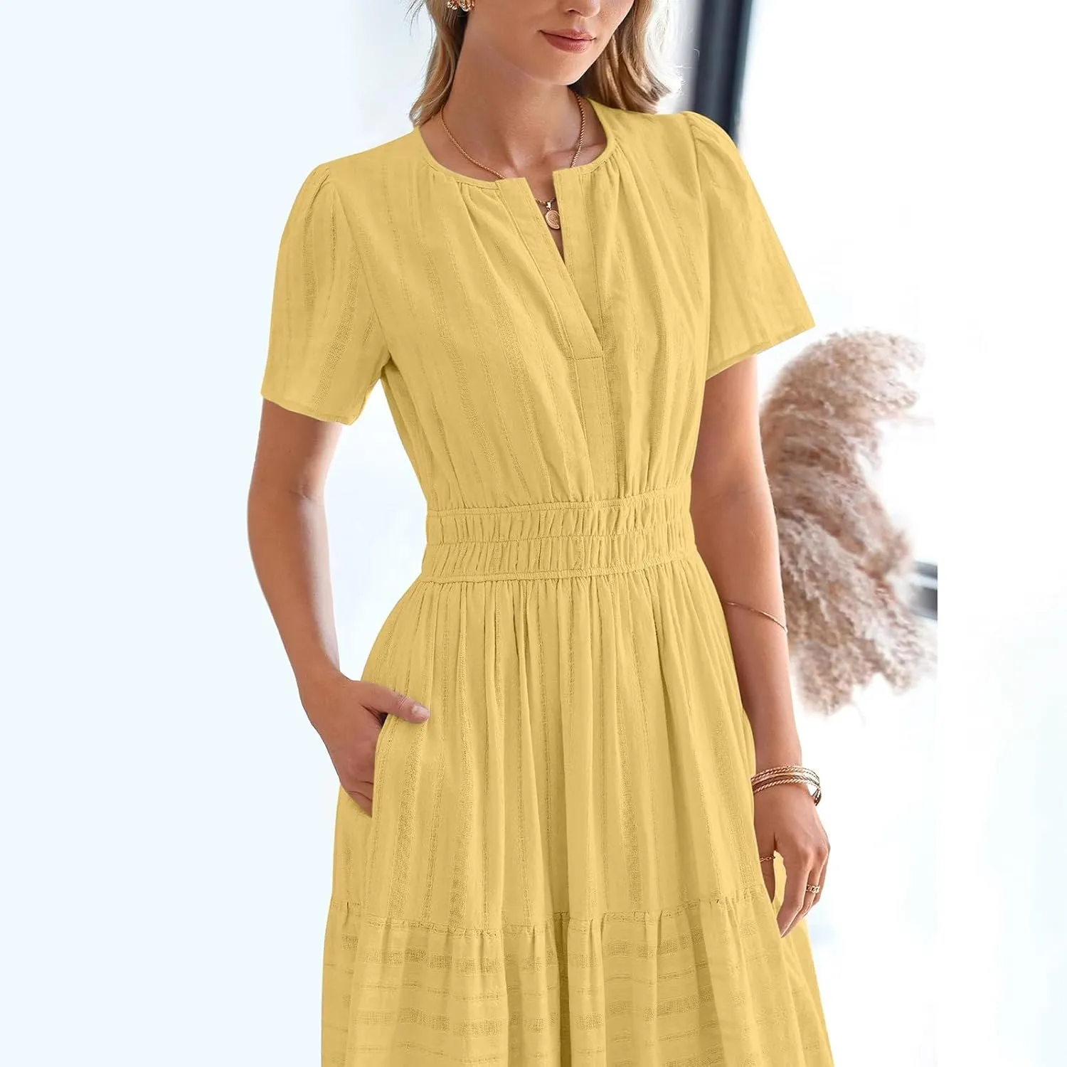 XUNRYAN 2025 Womens Summer Casual Maxi Dresses Lightweight Short Sleeve V-Neck Elastic Waist Boho Dress Beach Sundress