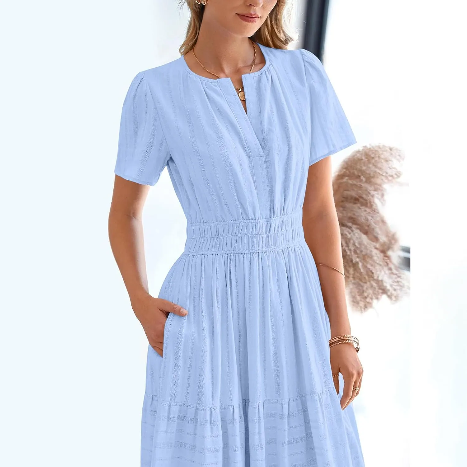 XUNRYAN 2025 Womens Summer Casual Maxi Dresses Lightweight Short Sleeve V-Neck Elastic Waist Boho Dress Beach Sundress