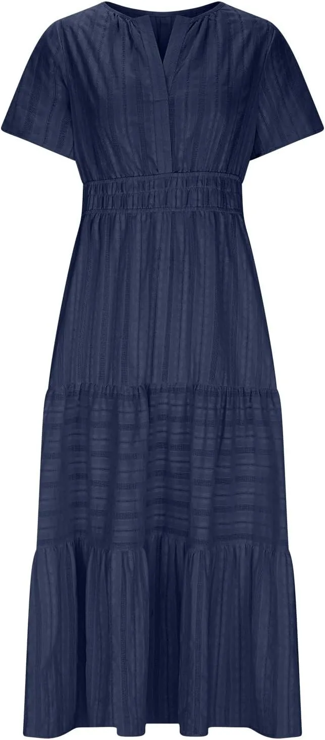 XUNRYAN 2025 Womens Summer Casual Maxi Dresses Lightweight Short Sleeve V-Neck Elastic Waist Boho Dress Beach Sundress