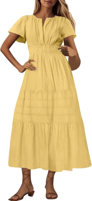XUNRYAN 2025 Womens Summer Casual Maxi Dresses Lightweight Short Sleeve V-Neck Elastic Waist Boho Dress Beach Sundress