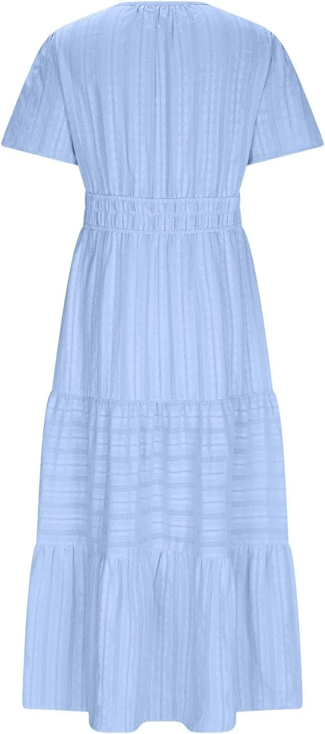 XUNRYAN 2025 Womens Summer Casual Maxi Dresses Lightweight Short Sleeve V-Neck Elastic Waist Boho Dress Beach Sundress