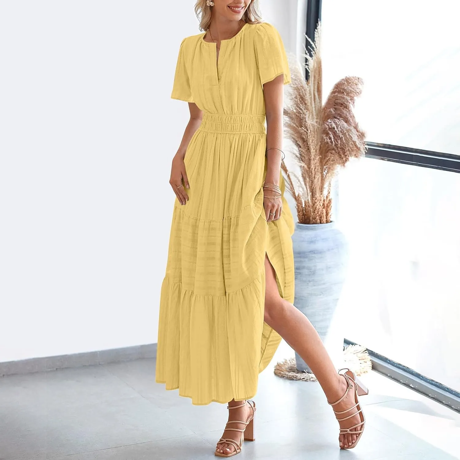 XUNRYAN 2025 Womens Summer Casual Maxi Dresses Lightweight Short Sleeve V-Neck Elastic Waist Boho Dress Beach Sundress