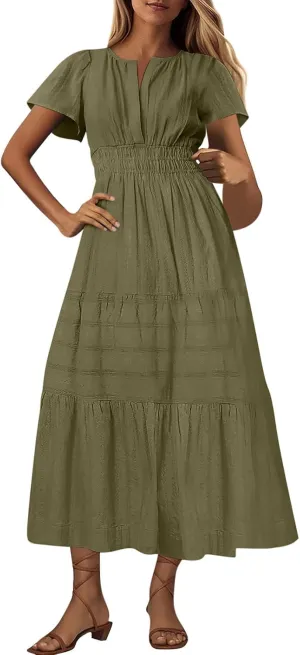 XUNRYAN 2025 Womens Summer Casual Maxi Dresses Lightweight Short Sleeve V-Neck Elastic Waist Boho Dress Beach Sundress