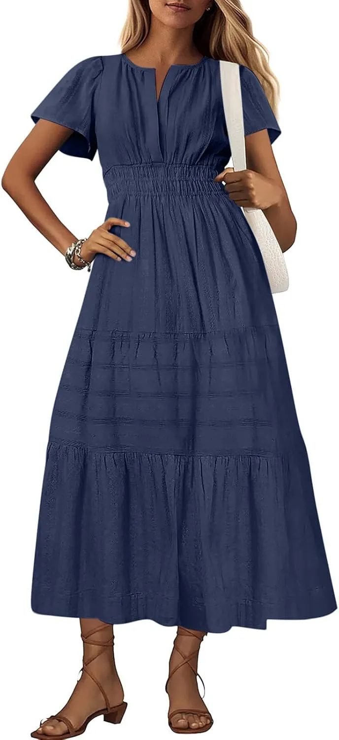 XUNRYAN 2025 Womens Summer Casual Maxi Dresses Lightweight Short Sleeve V-Neck Elastic Waist Boho Dress Beach Sundress