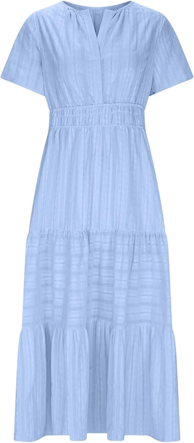 XUNRYAN 2025 Womens Summer Casual Maxi Dresses Lightweight Short Sleeve V-Neck Elastic Waist Boho Dress Beach Sundress