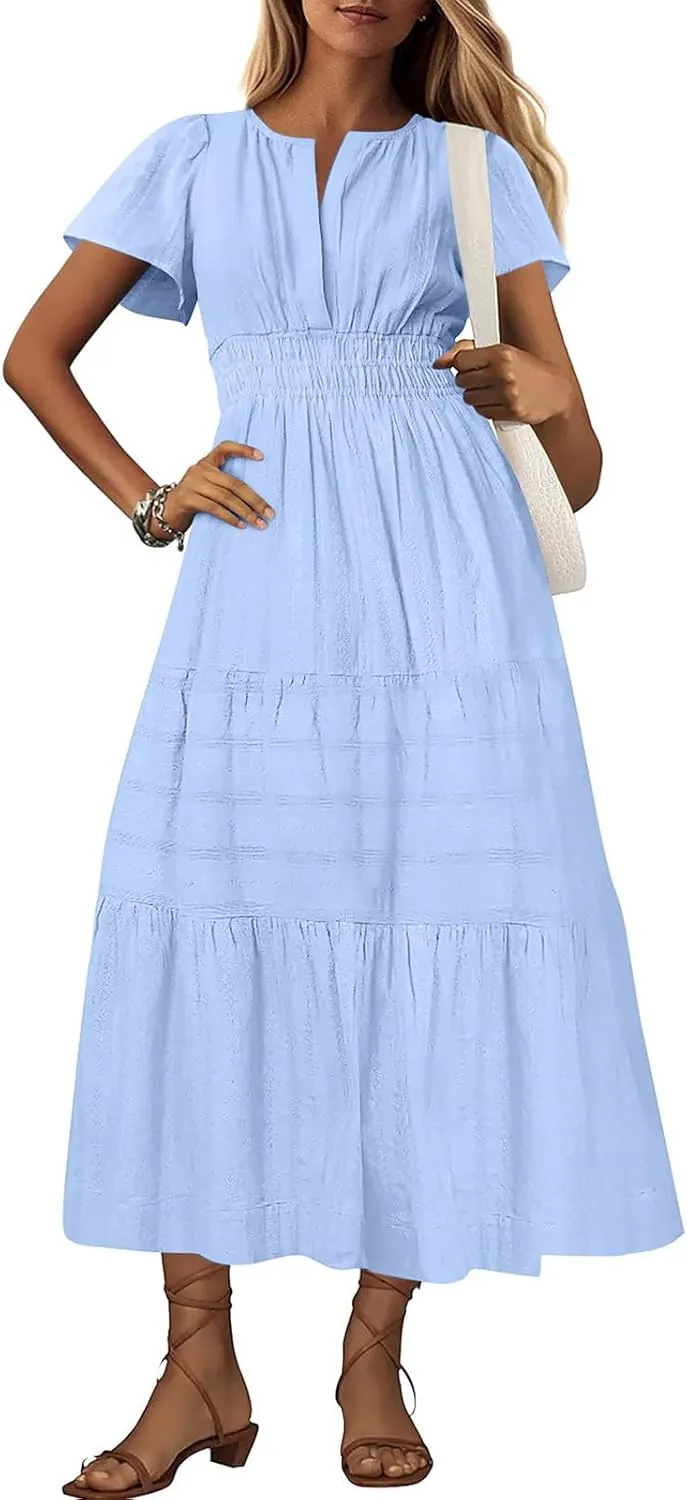 XUNRYAN 2025 Womens Summer Casual Maxi Dresses Lightweight Short Sleeve V-Neck Elastic Waist Boho Dress Beach Sundress